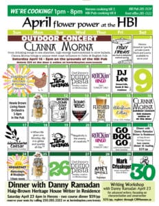 April 2022 Calendar of events on Quadra at the Heriot Bay Inn