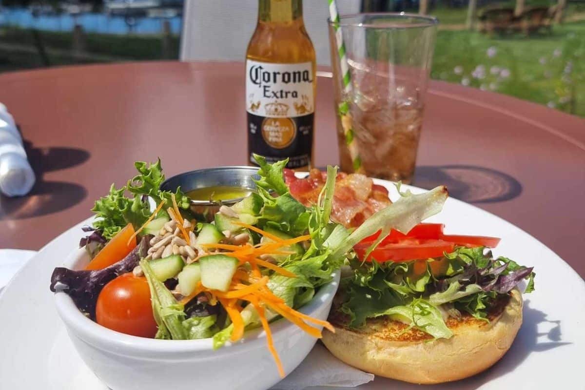 Burger and a beer on the deck at Herons Restaurant