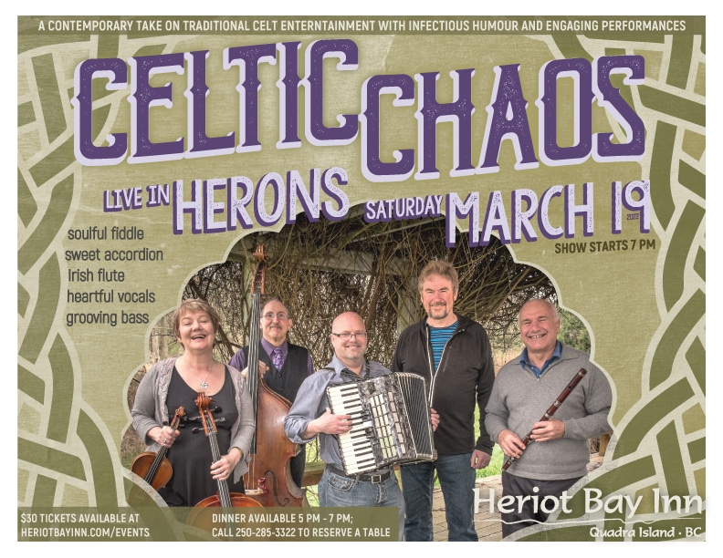 poster for Celitc Chaos event in Herons Saturday March 19 on Quadra Island