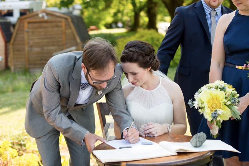 bride and groom signing papers