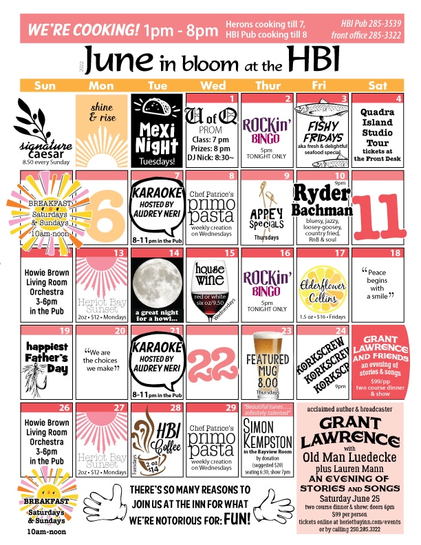 June Calendar Heriot Bay Inn Top Quadra Island Hotel BC