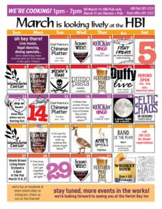 March calendar of what's happening at the Heriot Bay Inn on Quadra ISland